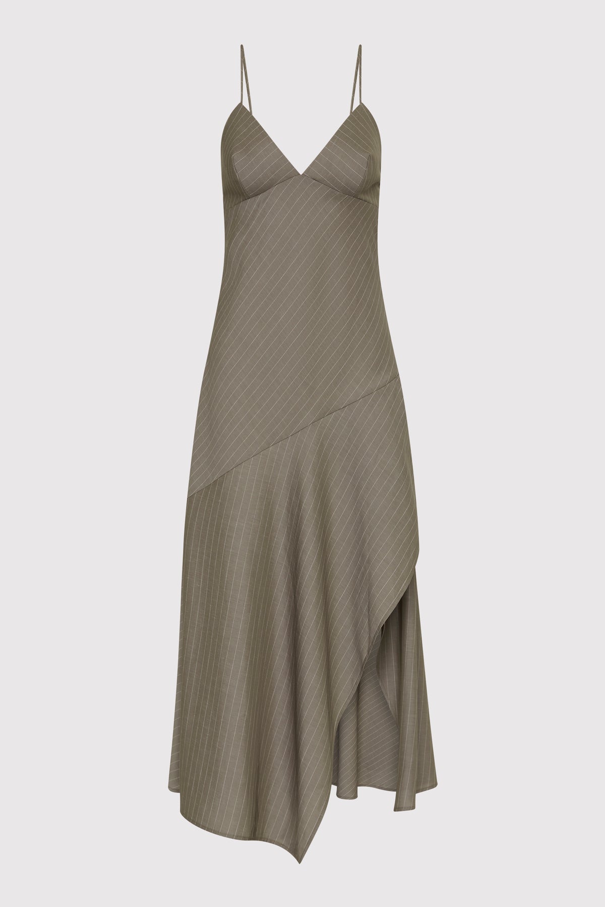 Asymmetric Slip Dress - Khaki Pinstripe