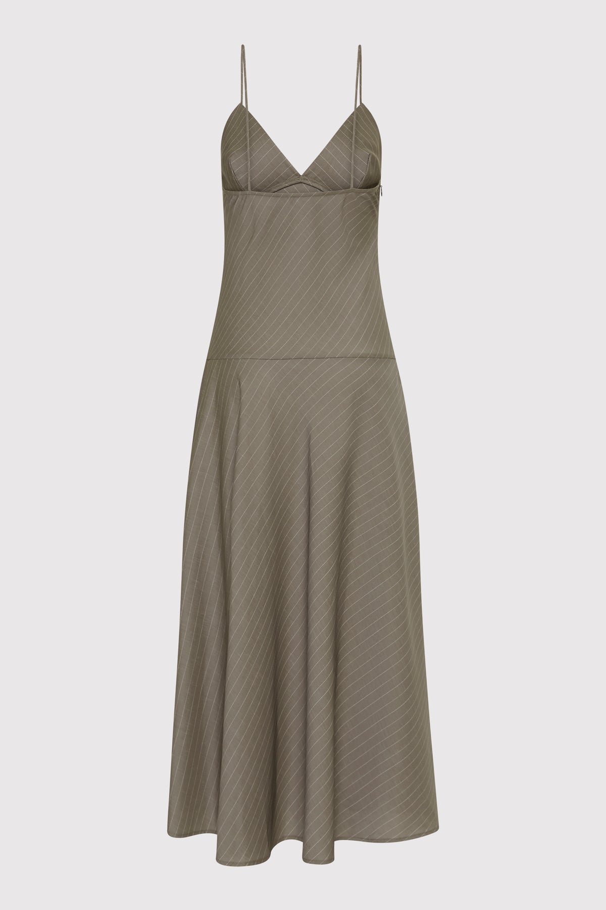 Asymmetric Slip Dress - Khaki Pinstripe