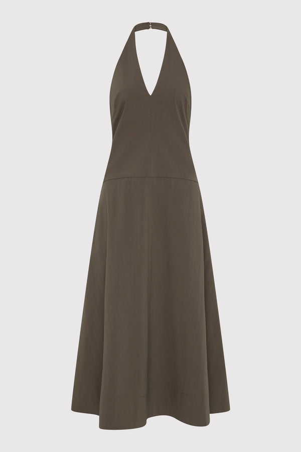Halter Plunge Dress - Khaki