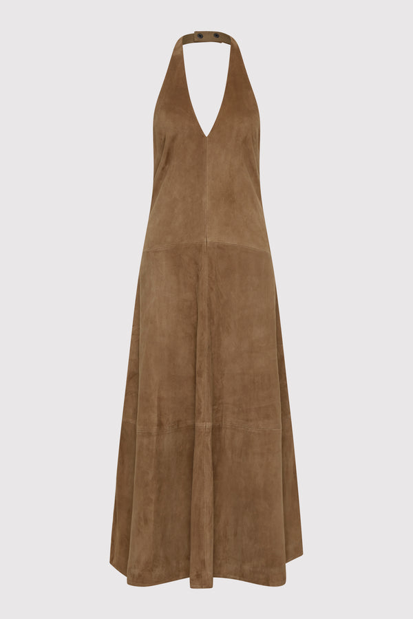 Suede Halter Plunge Dress - Toffee