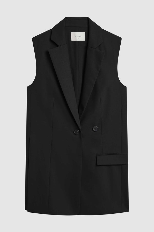Wool Sleeveless Split Blazer - Black
