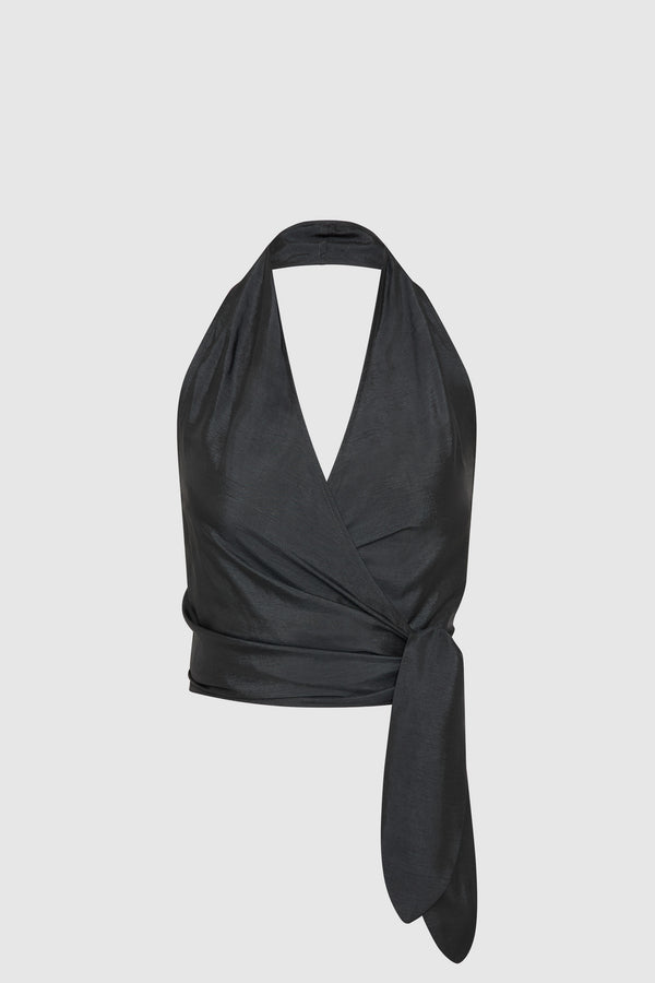 Silk Halter Wrap Top - Washed Black