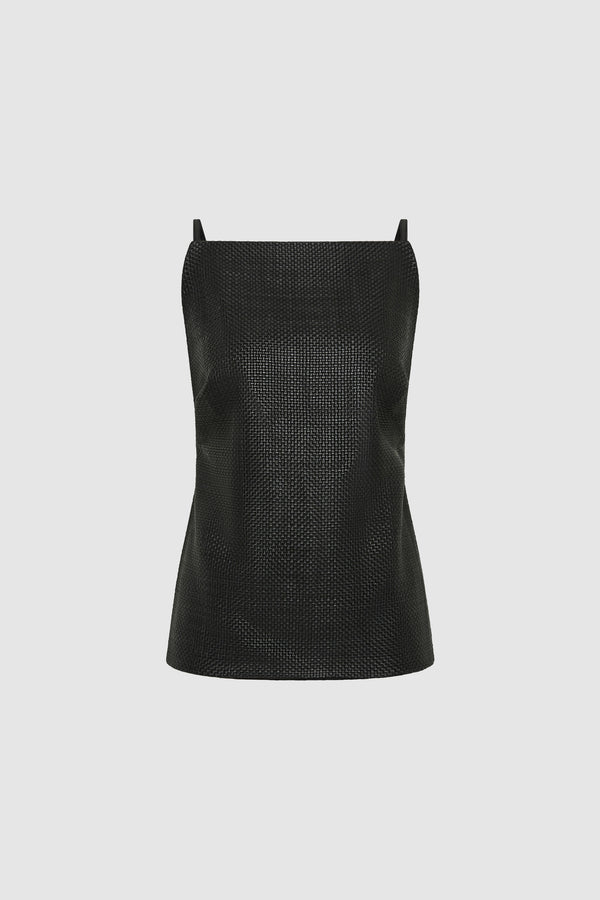 Woven Leather Square Neck Top - Black