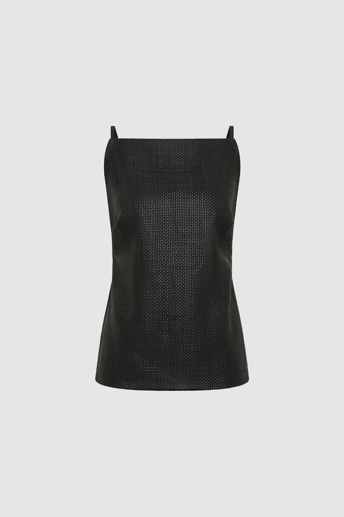 Woven Leather Square Neck Top - Black
