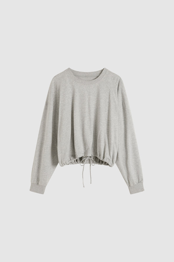 Drawstring Long Sleeve Top - Light Grey Marle