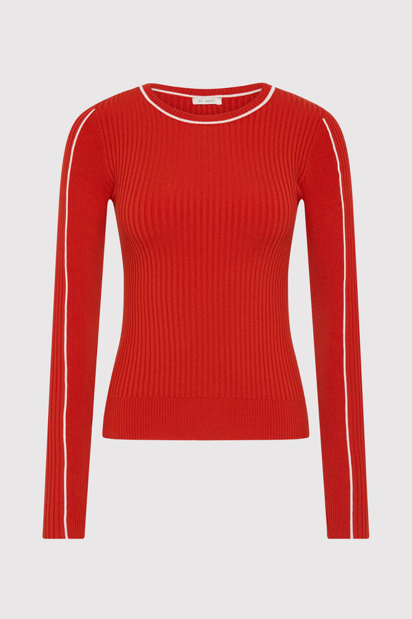 Fine Line Long Sleeve Top - Red / Off White