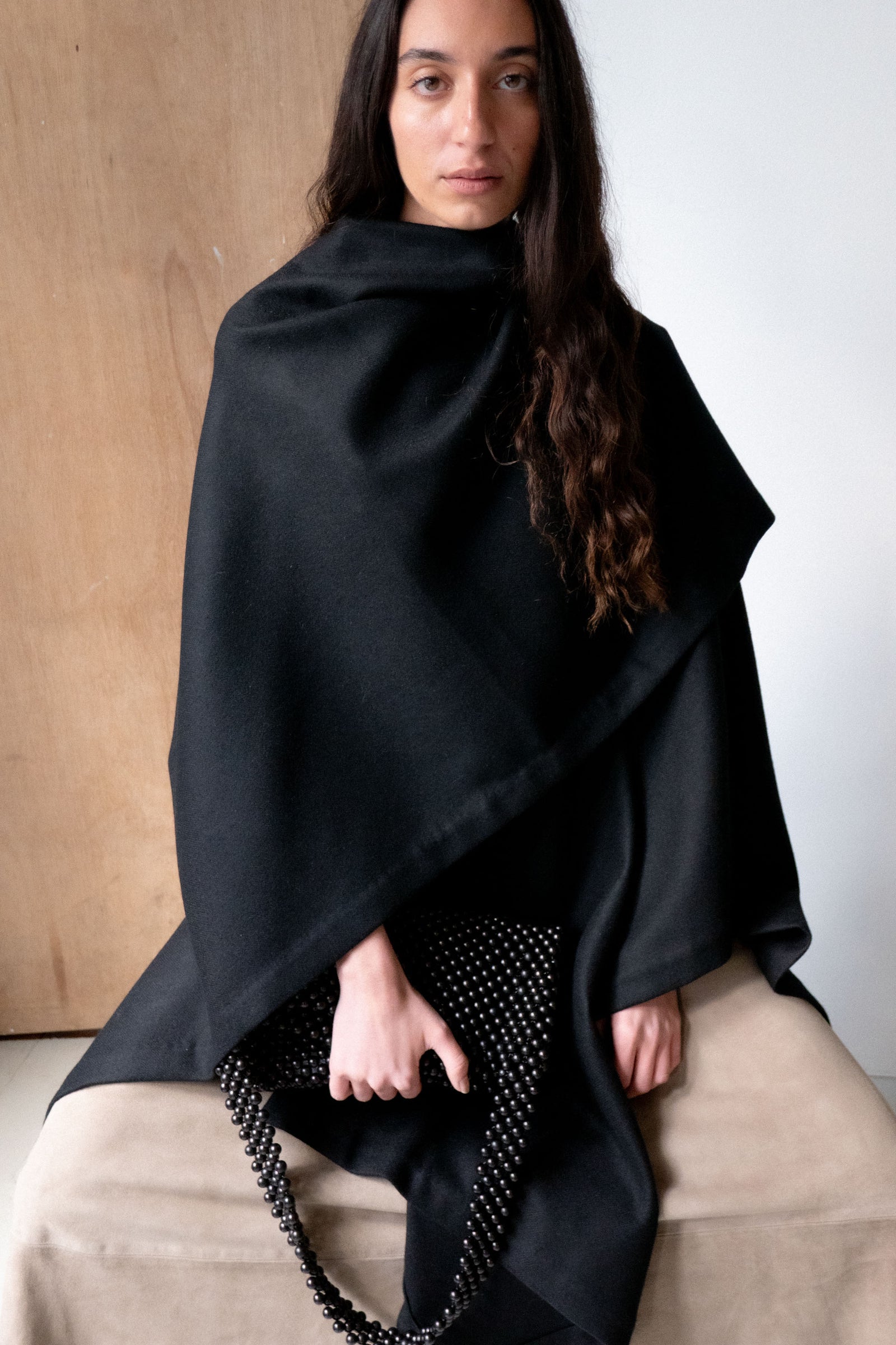 Wool Twill Poncho - Black
