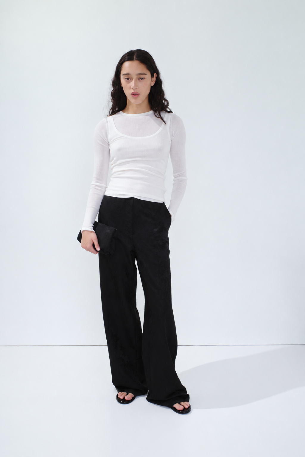 Silk Wool Jacquard Minimal Pants - Black