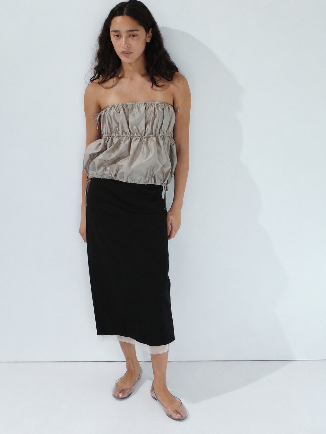 Compact Cotton Layered Column Skirt - Black