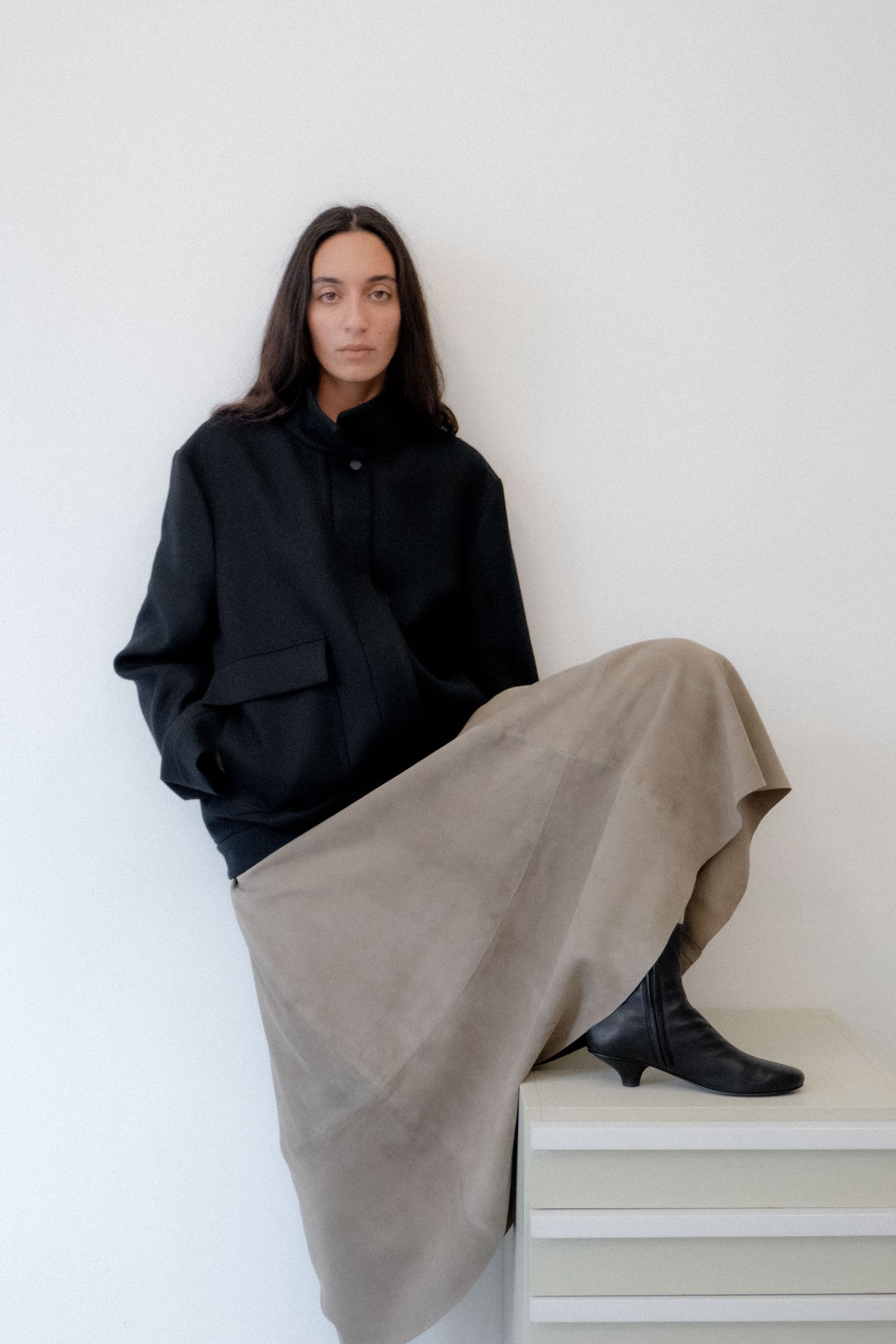 Wool Longline Bomber Jacket - Black
