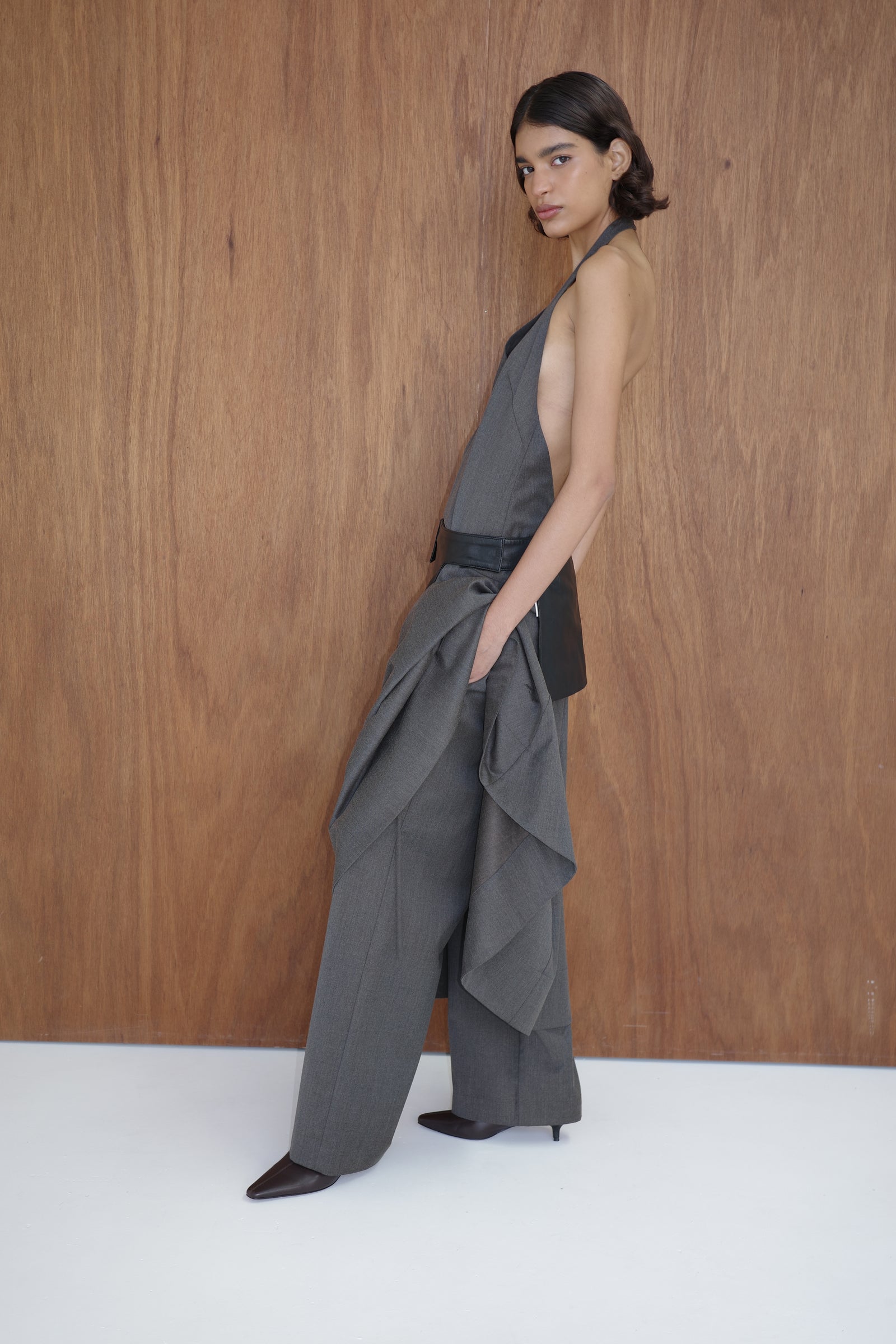 Wool Halter Plunge Dress - Mulch