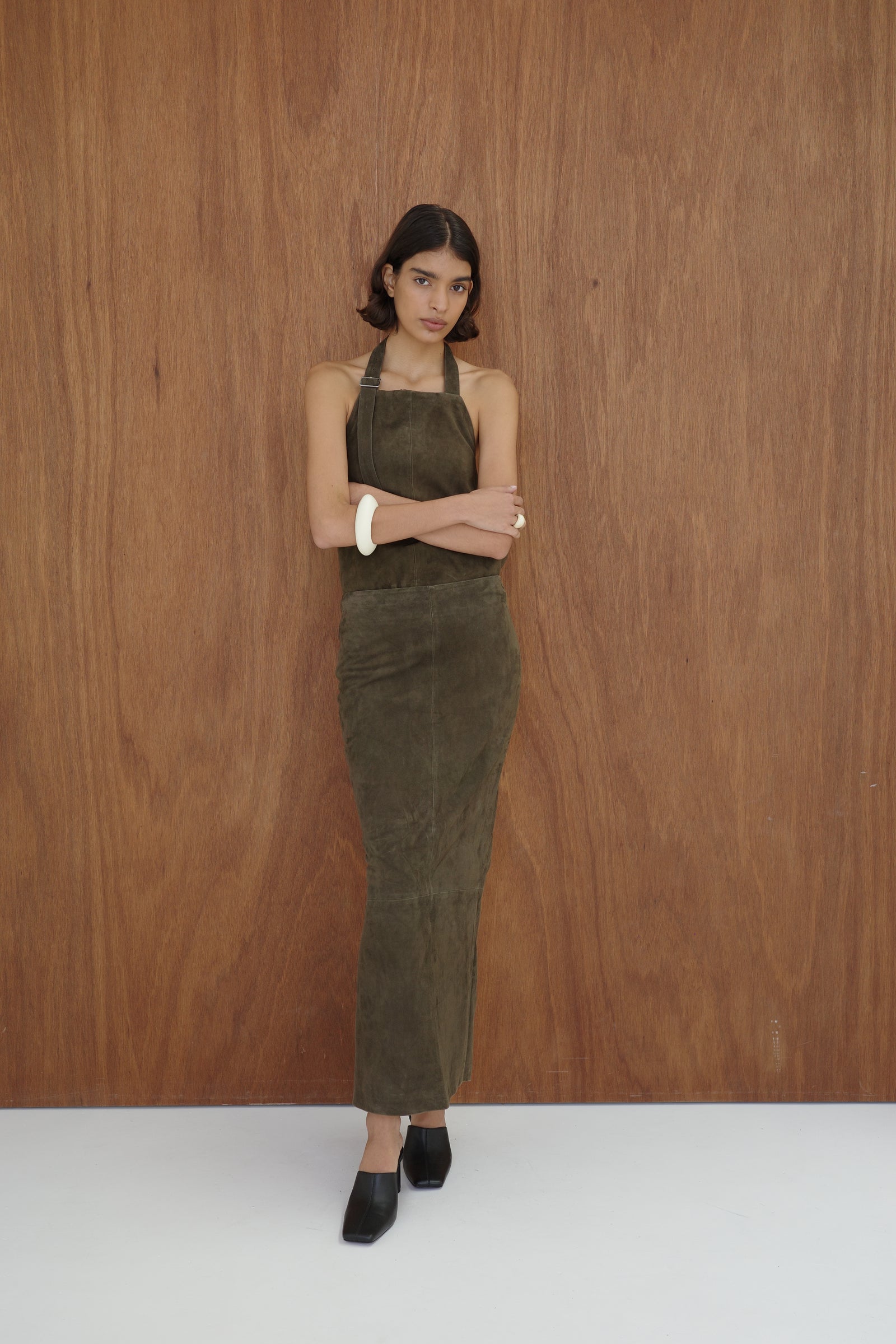 Suede Column Skirt - Khaki