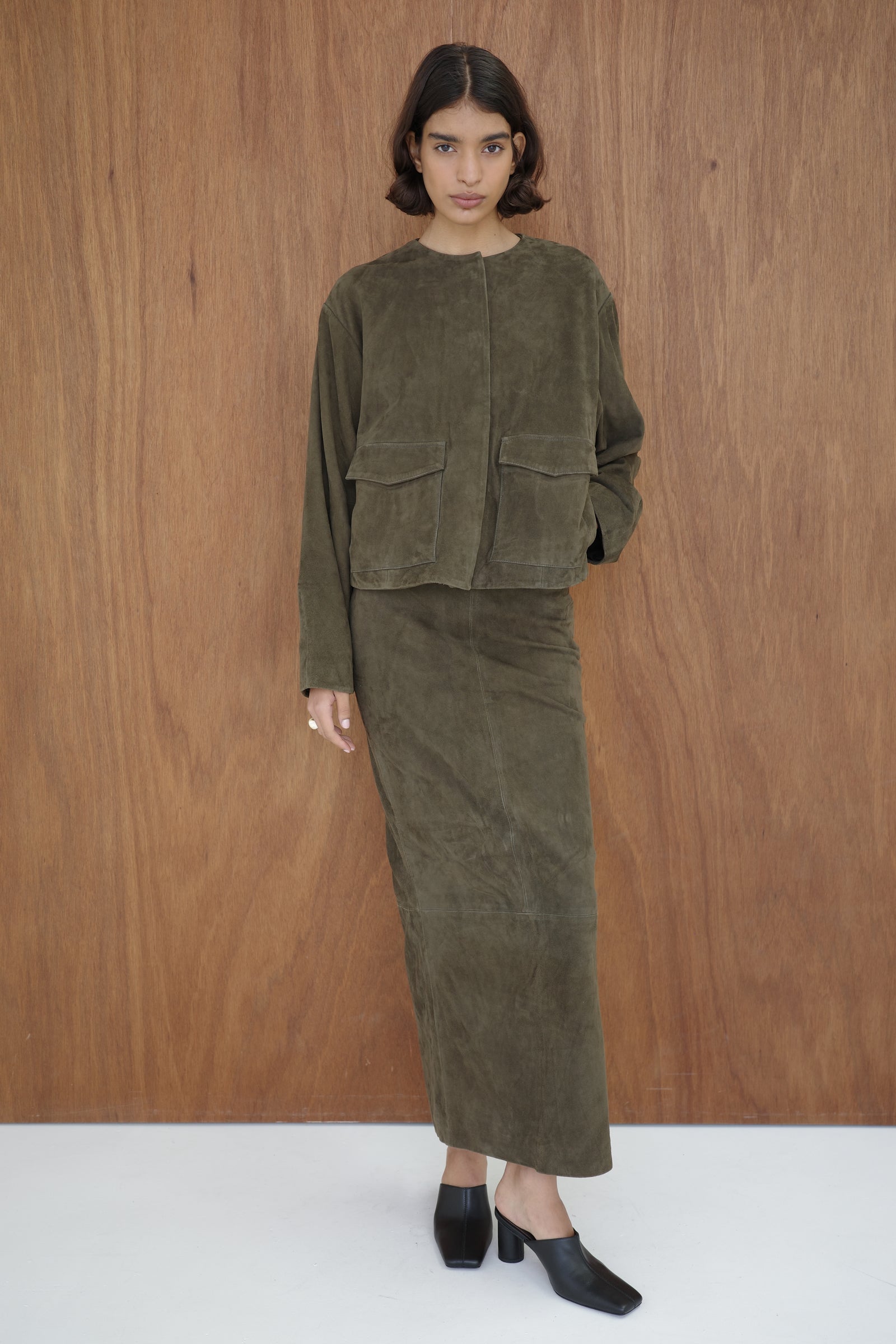 Suede Utility Cocoon Bomber - Khaki