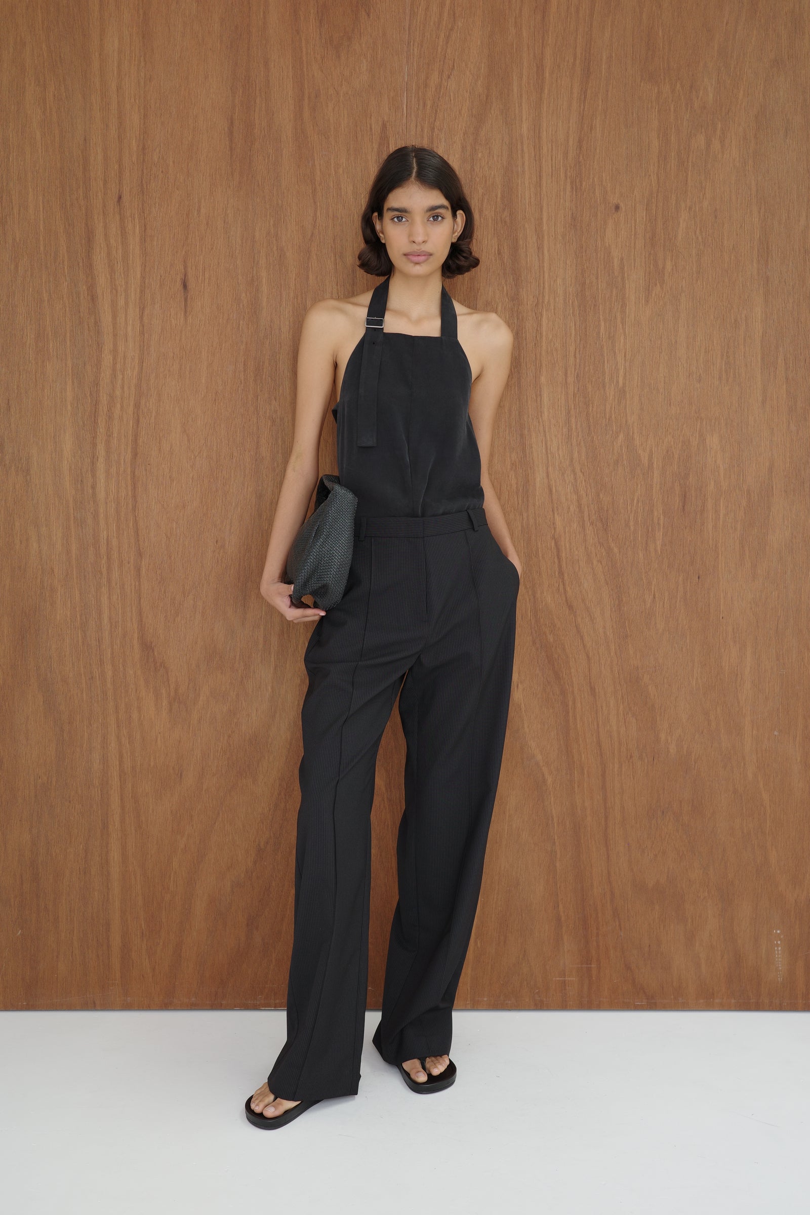 Wool Pinstripe Pintuck Pants - Fine Pinstripe