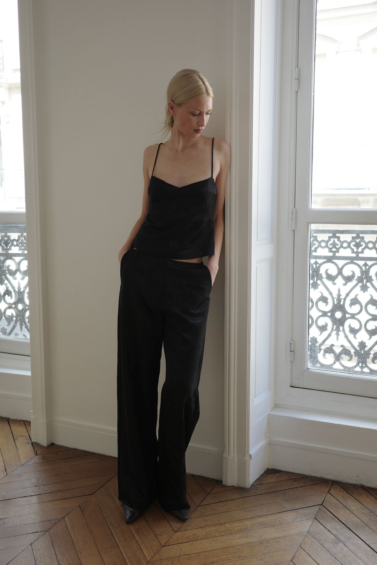 Silk Wool Jacquard Minimal Pants - Black