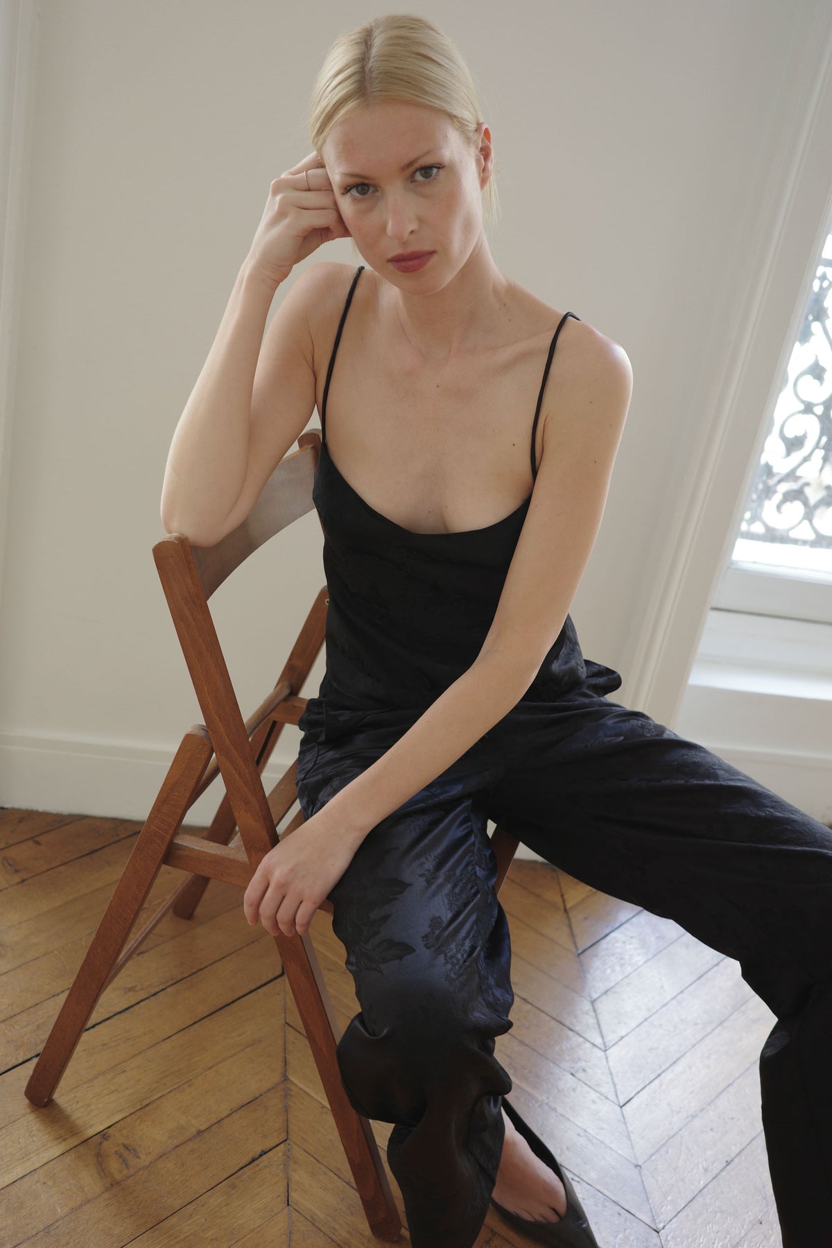 Silk Wool Jacquard Minimal Pants - Black