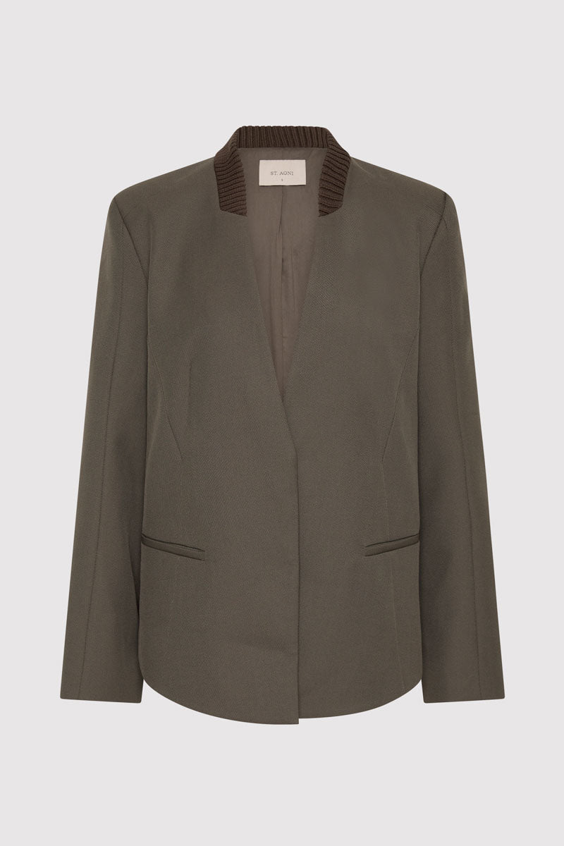 Rib Collar Blazer - Khaki