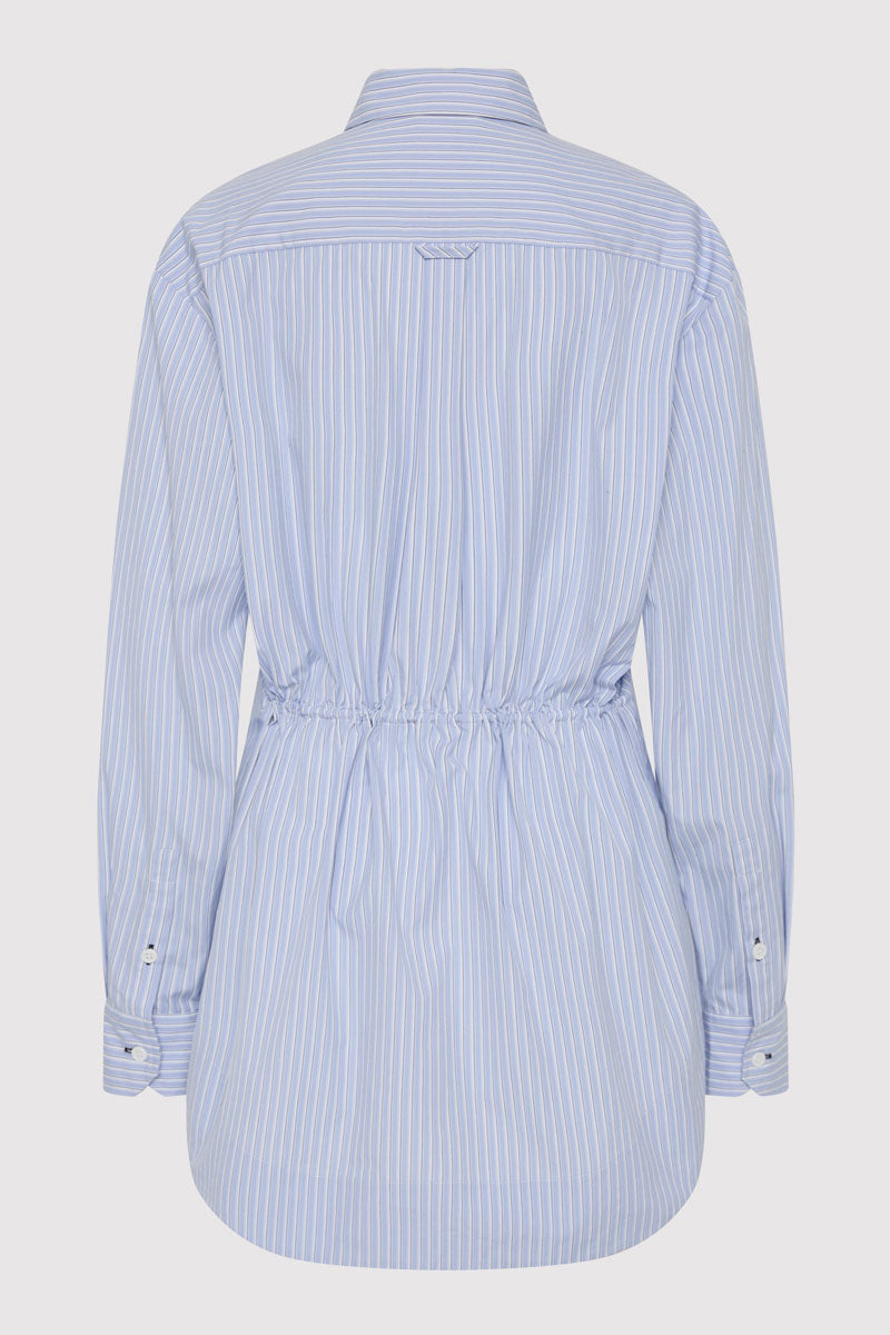 Drawstring Mini Shirt Dress - Pale Blue Stripe