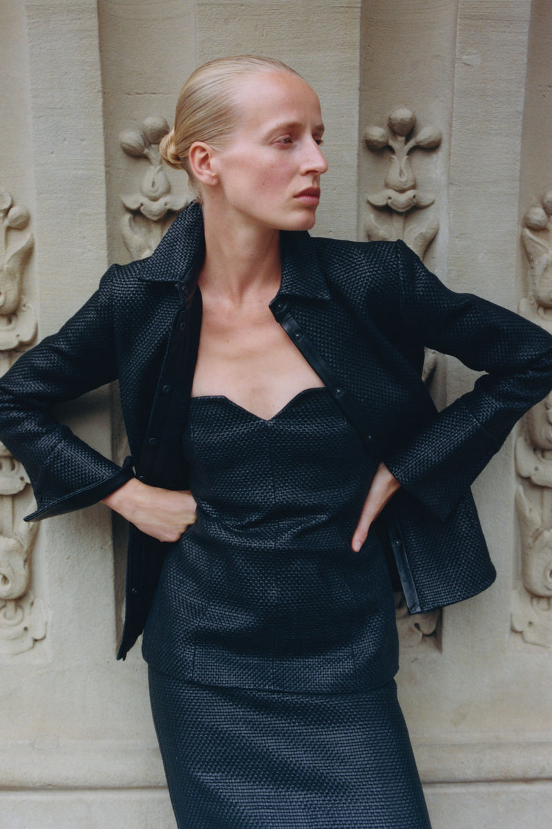 Woven Leather Strapless Bodice - Black - Featured