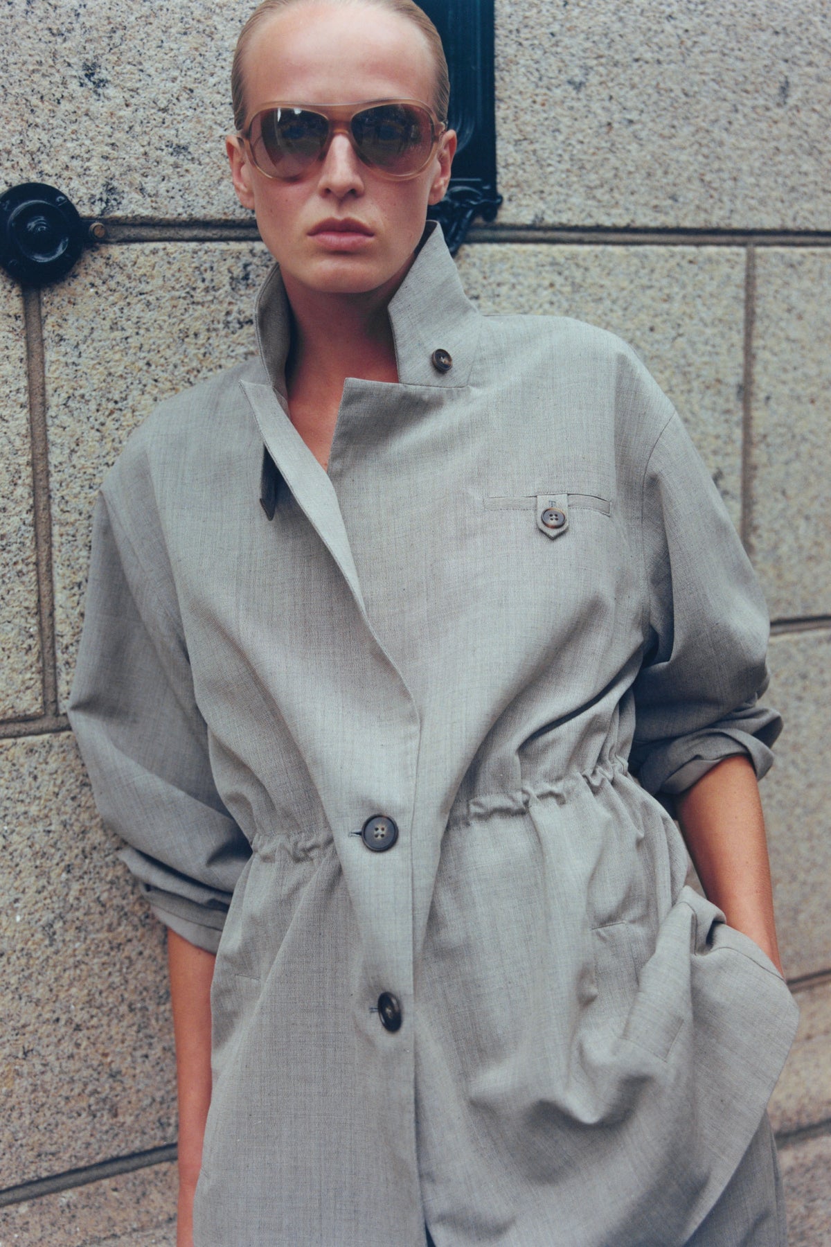 Drawstring Waist Blazer - Pebble Melange