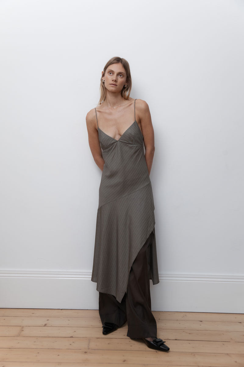St. Agni | Asymmetric Slip Dress - Khaki Pinstripe St. Agni | Asymmetric Slip Dress - Khaki Pinstripe