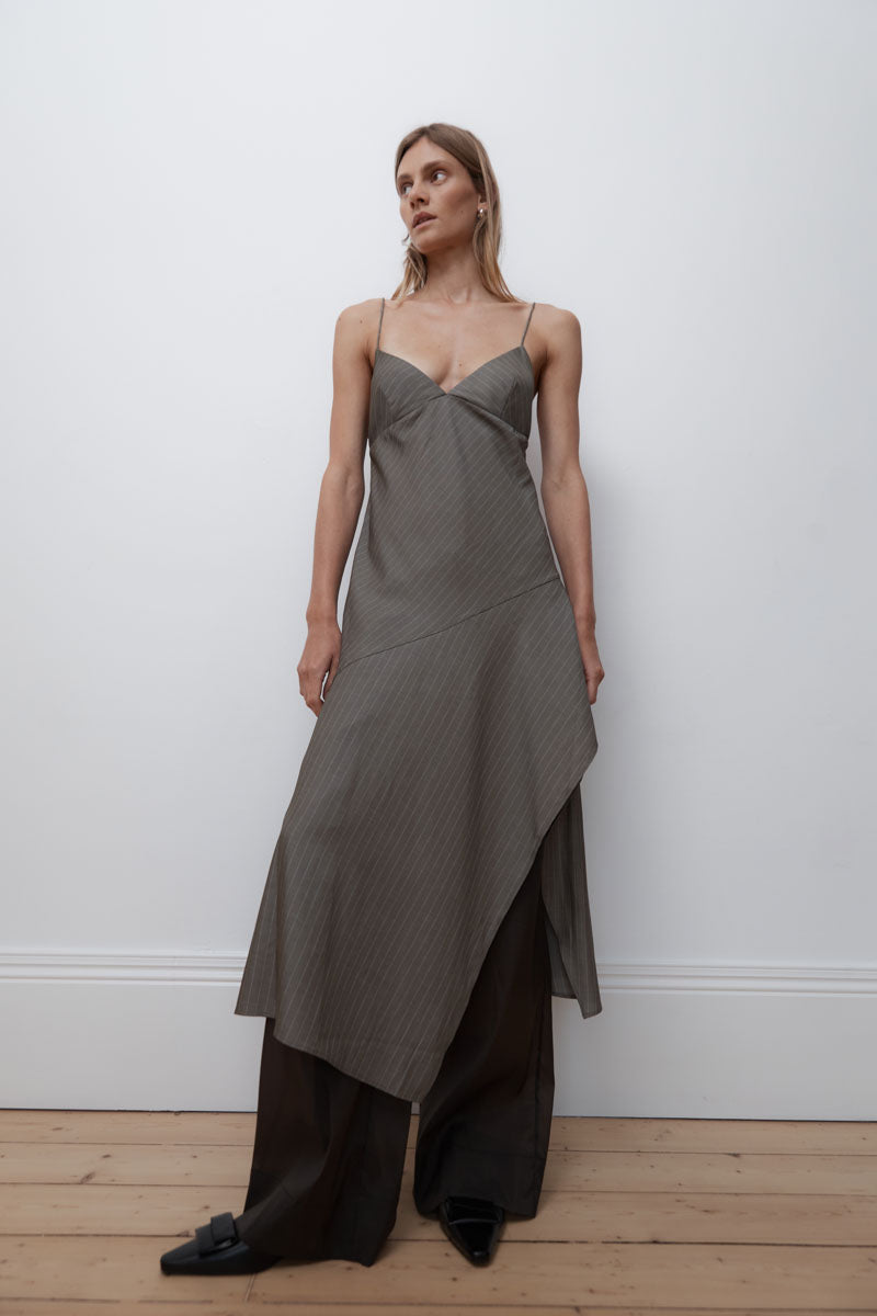 Asymmetric Slip Dress - Khaki Pinstripe