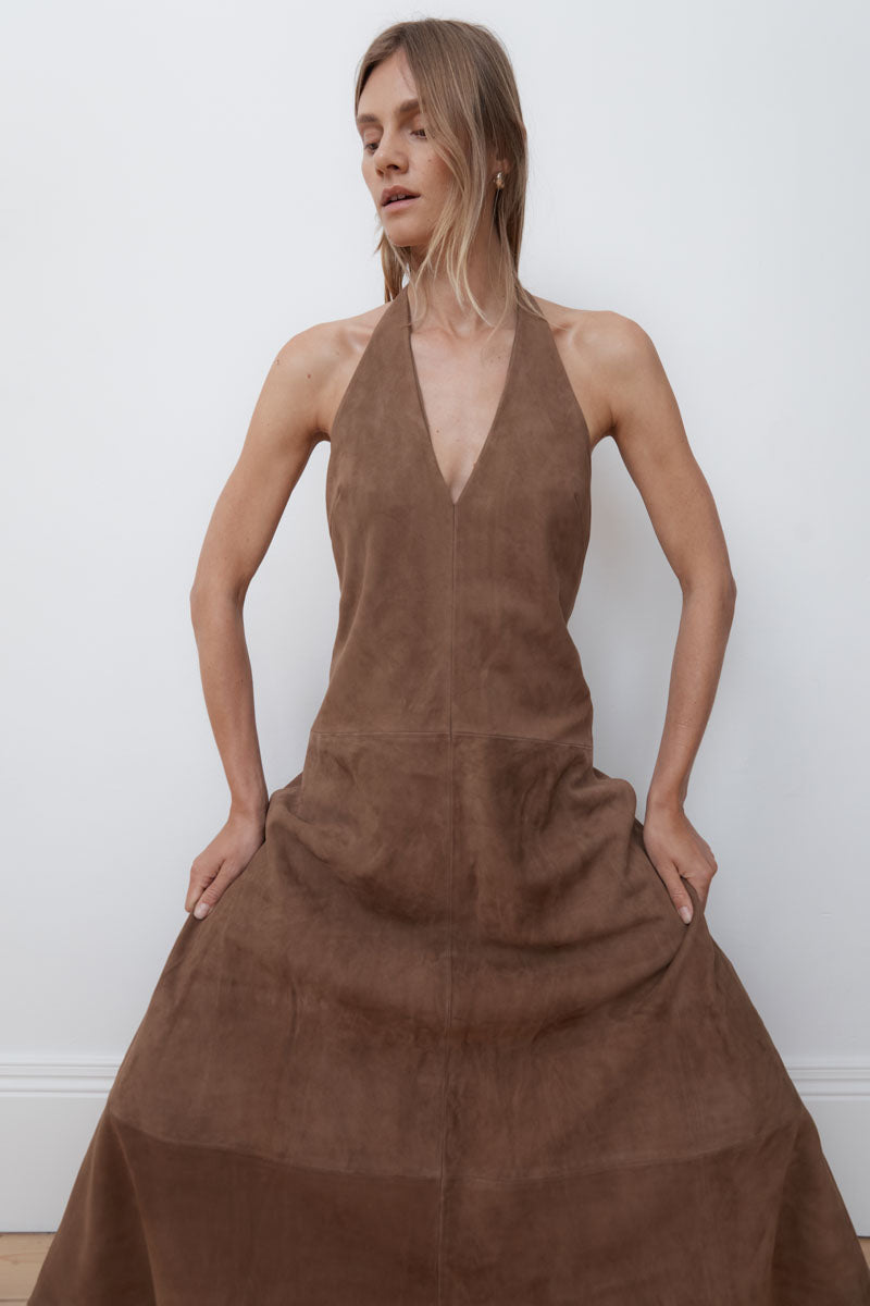 St. Agni | Suede Halter Plunge Dress - Toffee St. Agni | Suede Halter Plunge Dress - Toffee