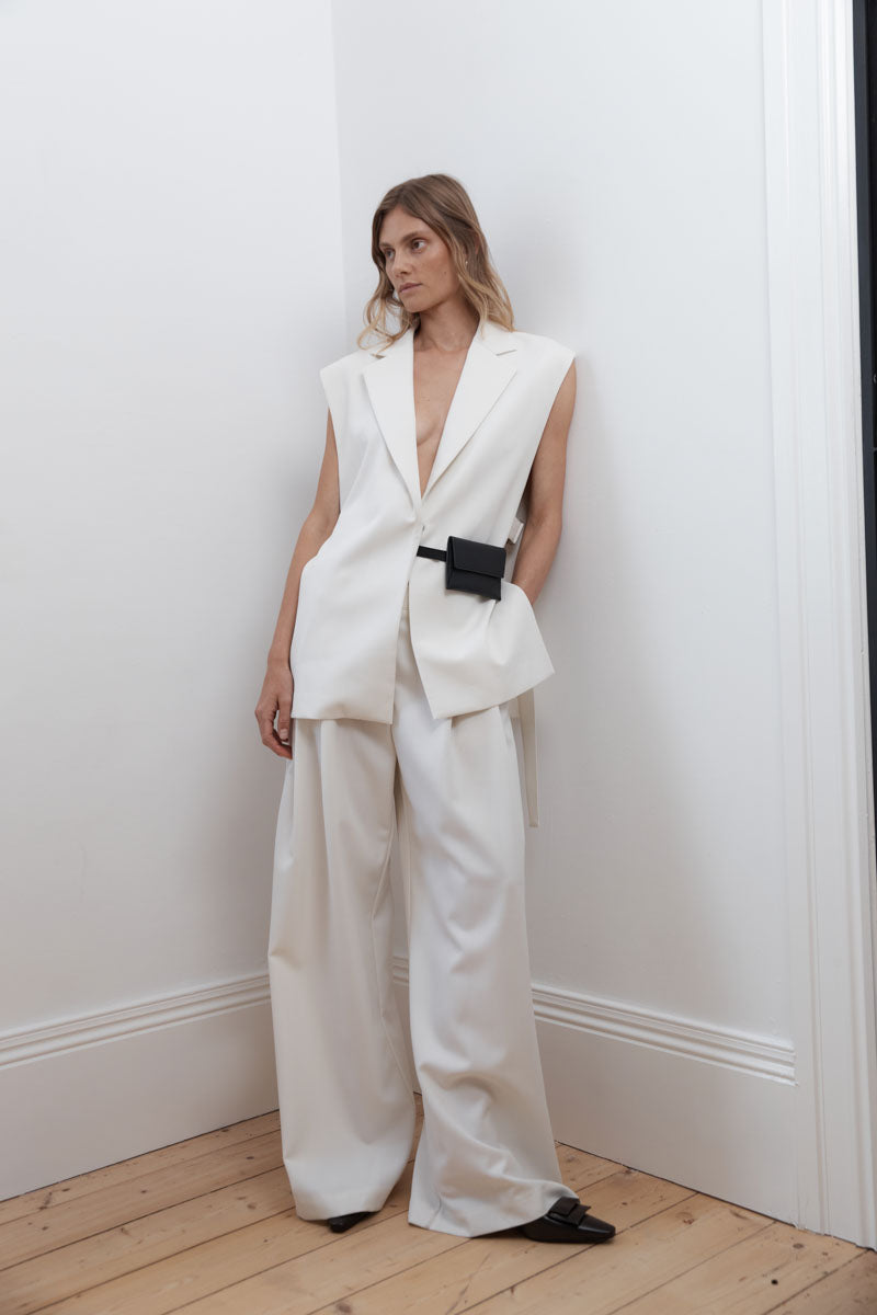 Twill Wide Leg Pleat Pants - Off White