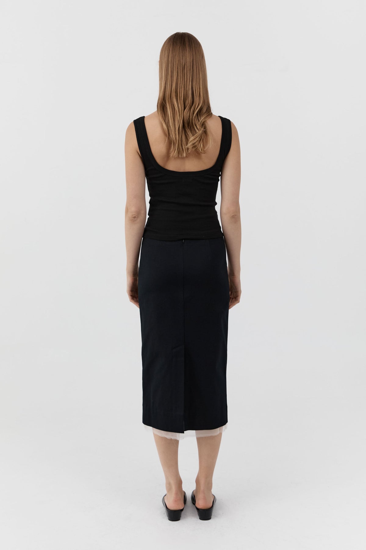 Compact Cotton Layered Column Skirt - Black