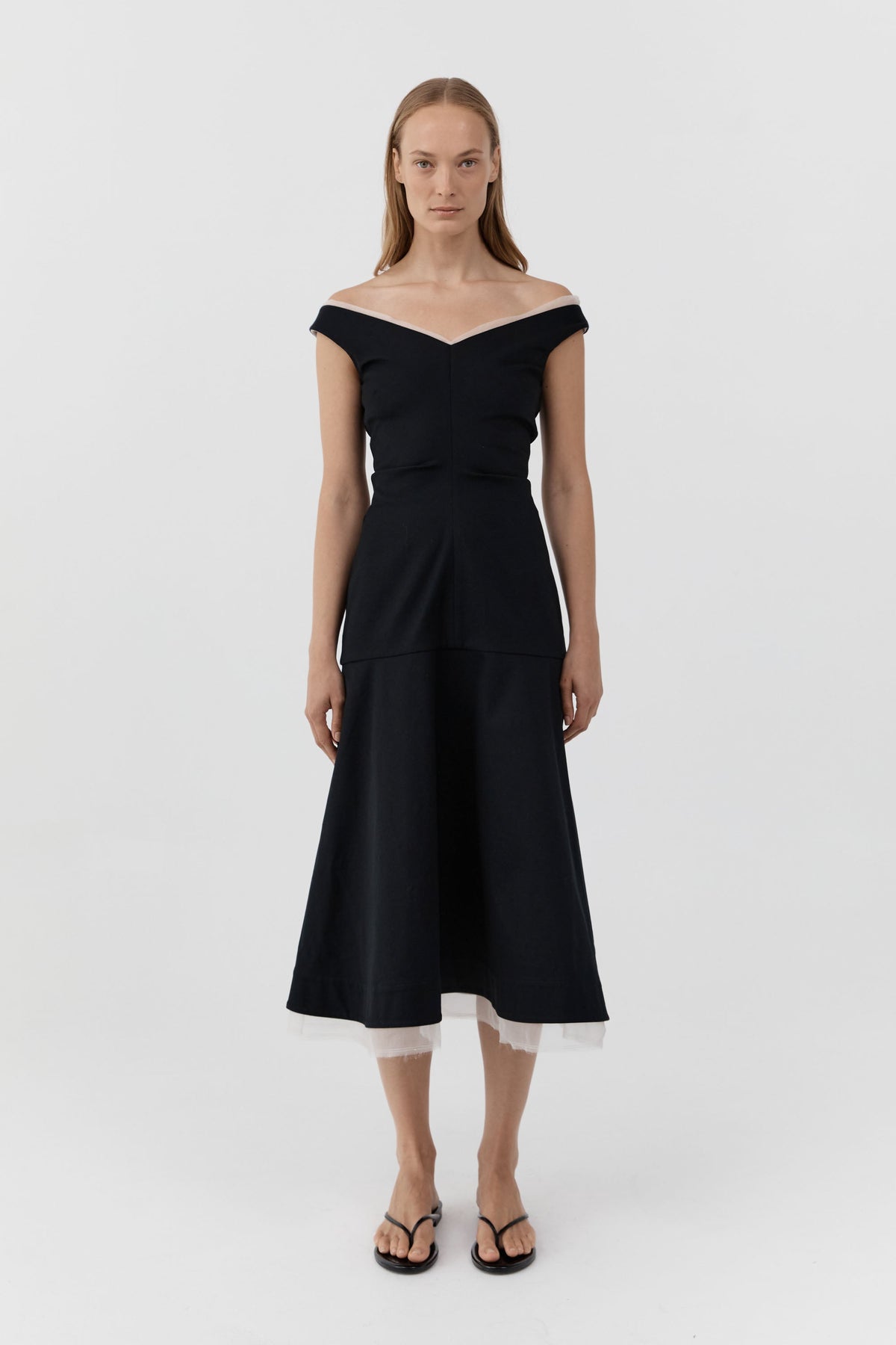 Compact Cotton Off Shoulder Dress - Black