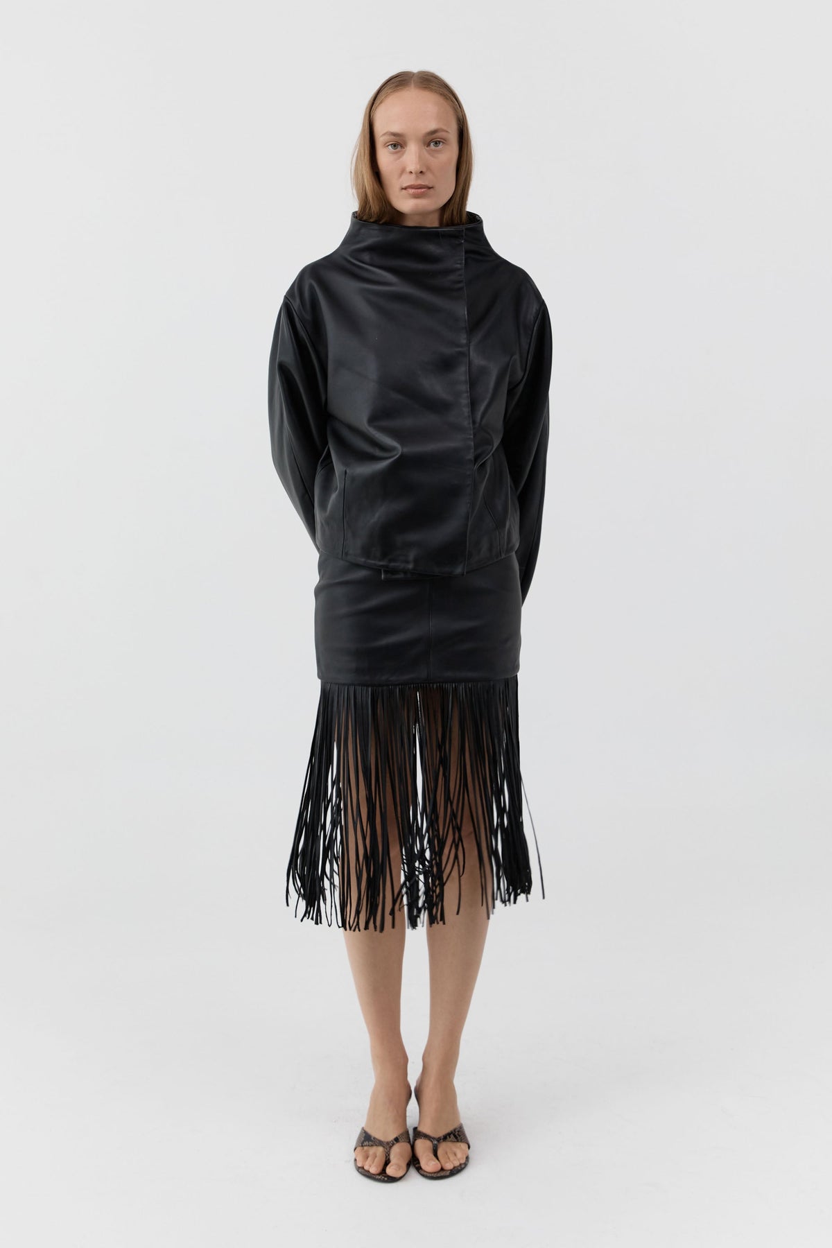 Leather Cocoon Funnel Neck Jacket - Black
