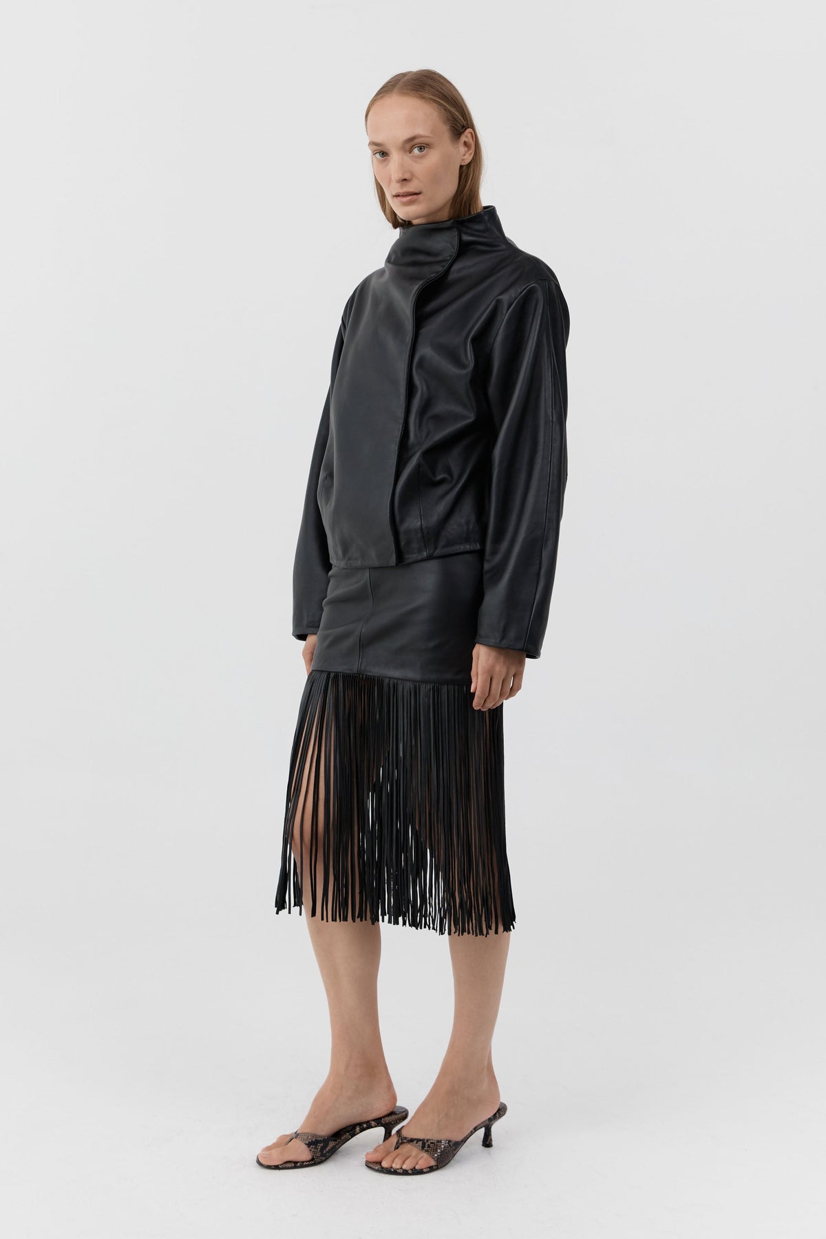 Leather Cocoon Funnel Neck Jacket - Black