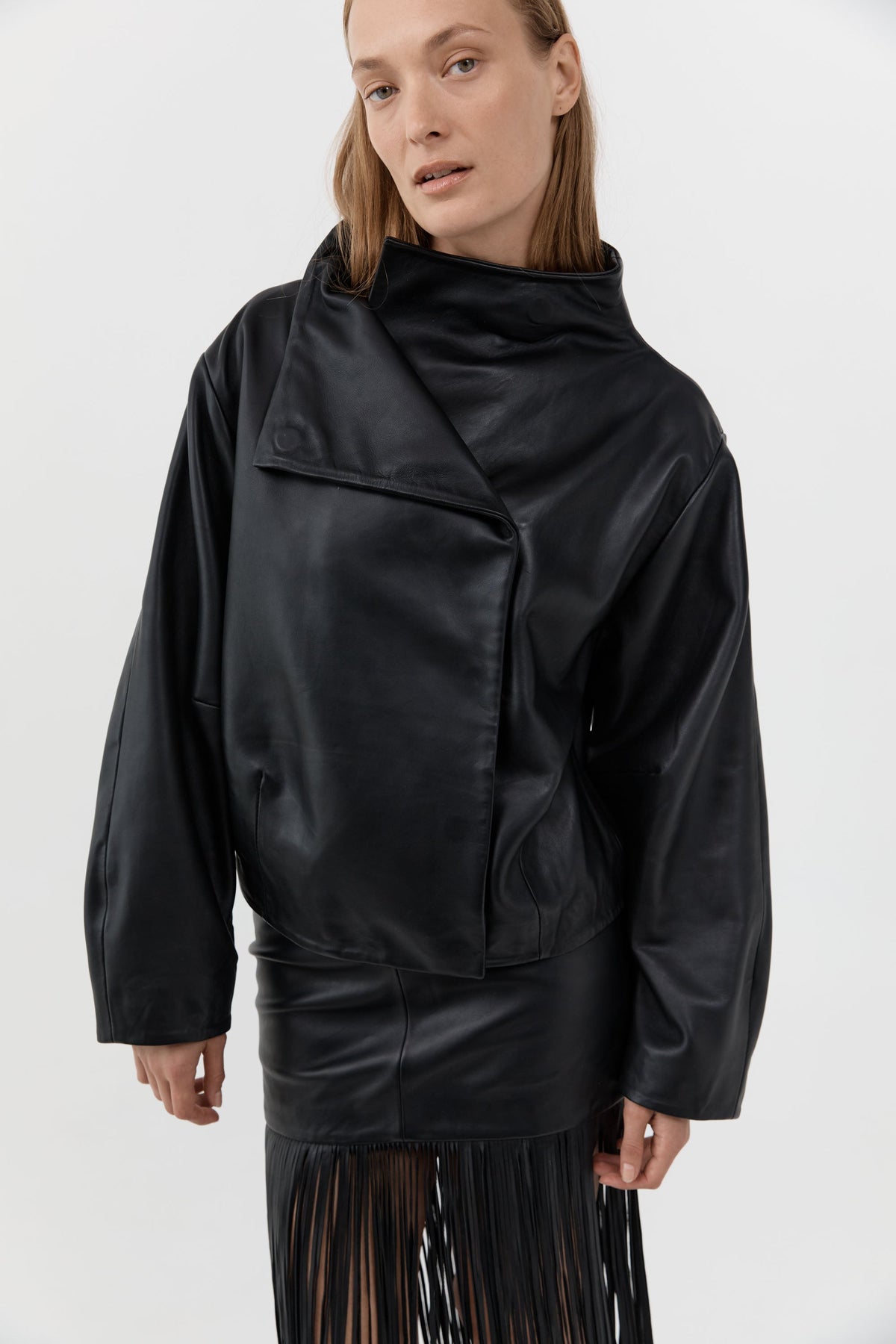 Leather Cocoon Funnel Neck Jacket - Black
