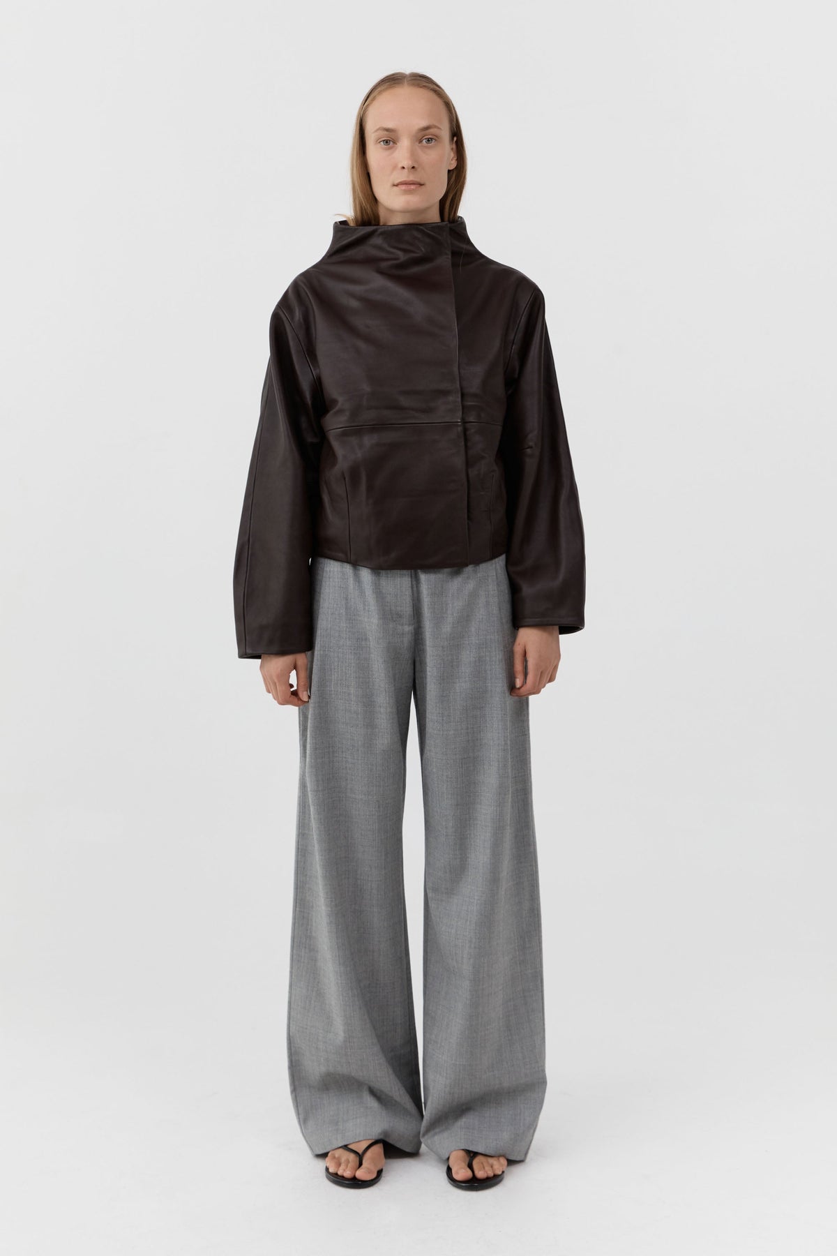 Leather Cocoon Funnel Neck Jacket - Chocolate