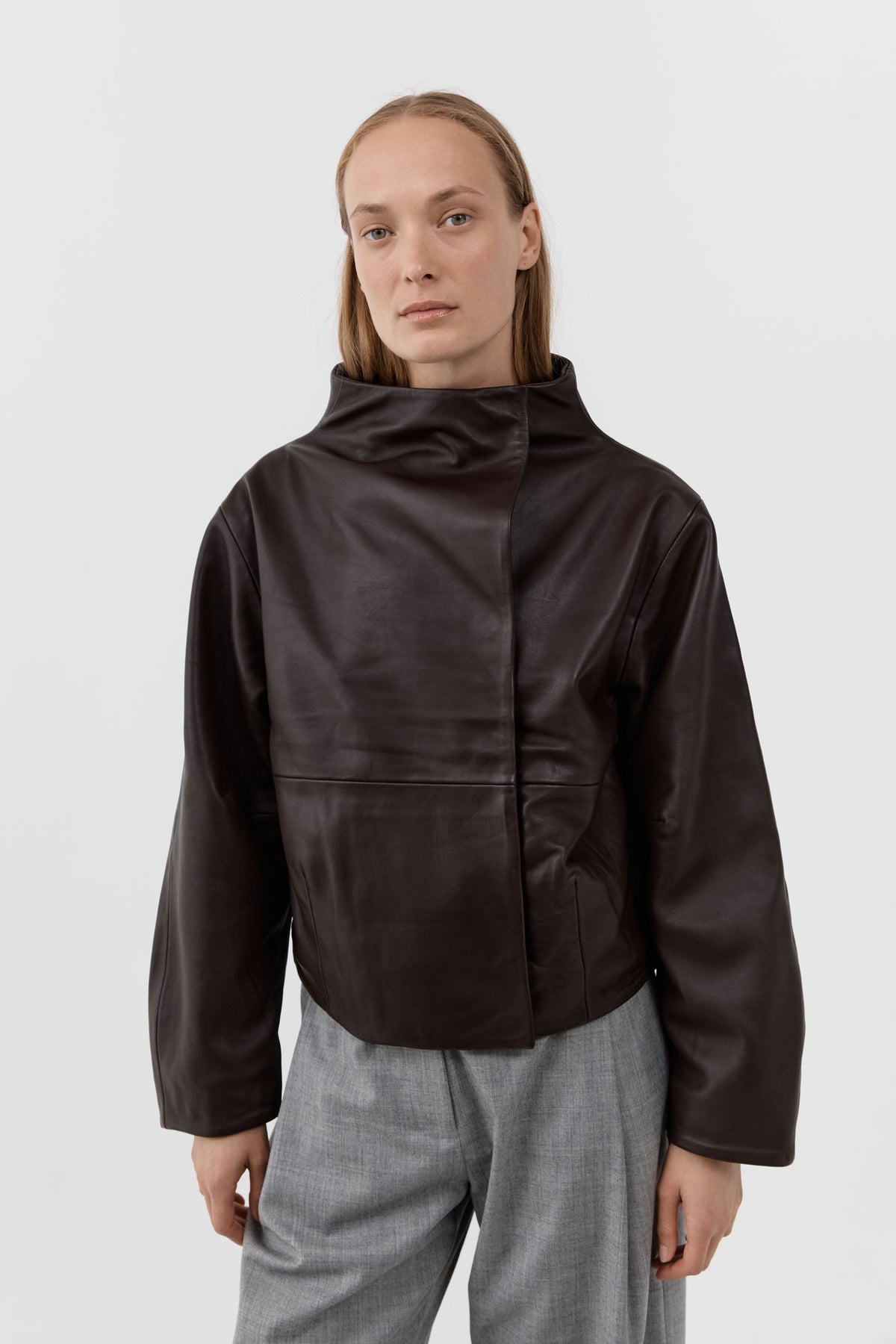 Leather Cocoon Funnel Neck Jacket - Chocolate
