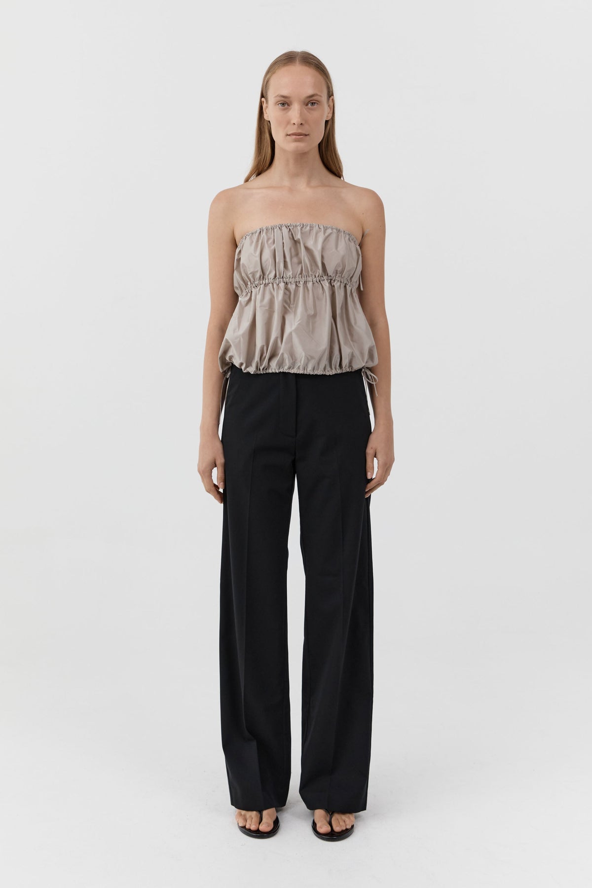 Paper Taffeta Strapless Drawstring Top - Fog