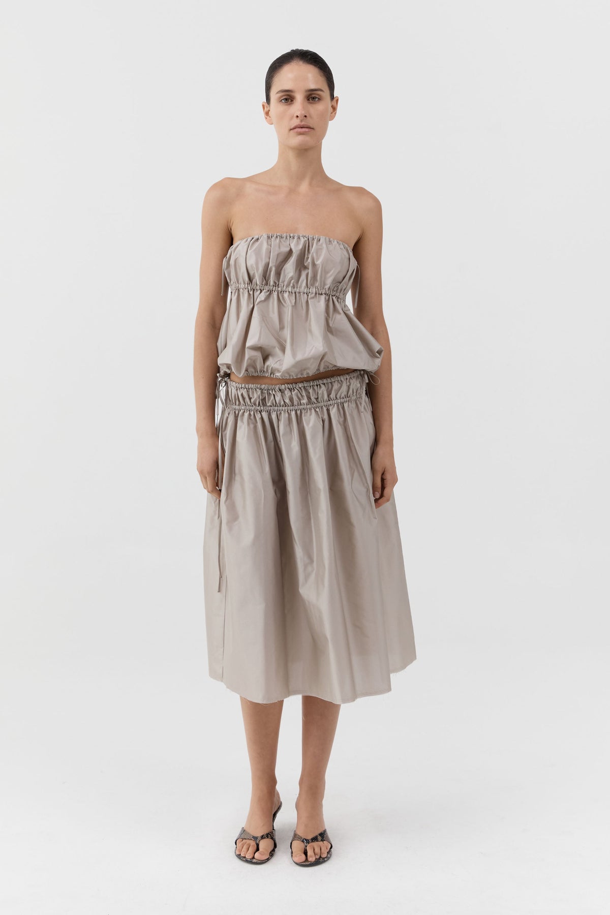 Paper Taffeta Strapless Drawstring Top - Fog
