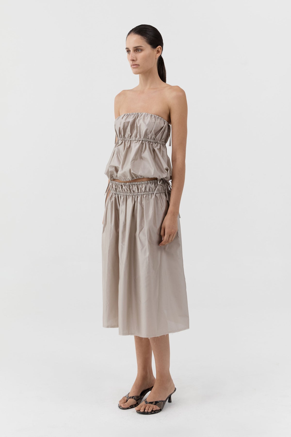 Paper Taffeta Strapless Drawstring Top - Fog