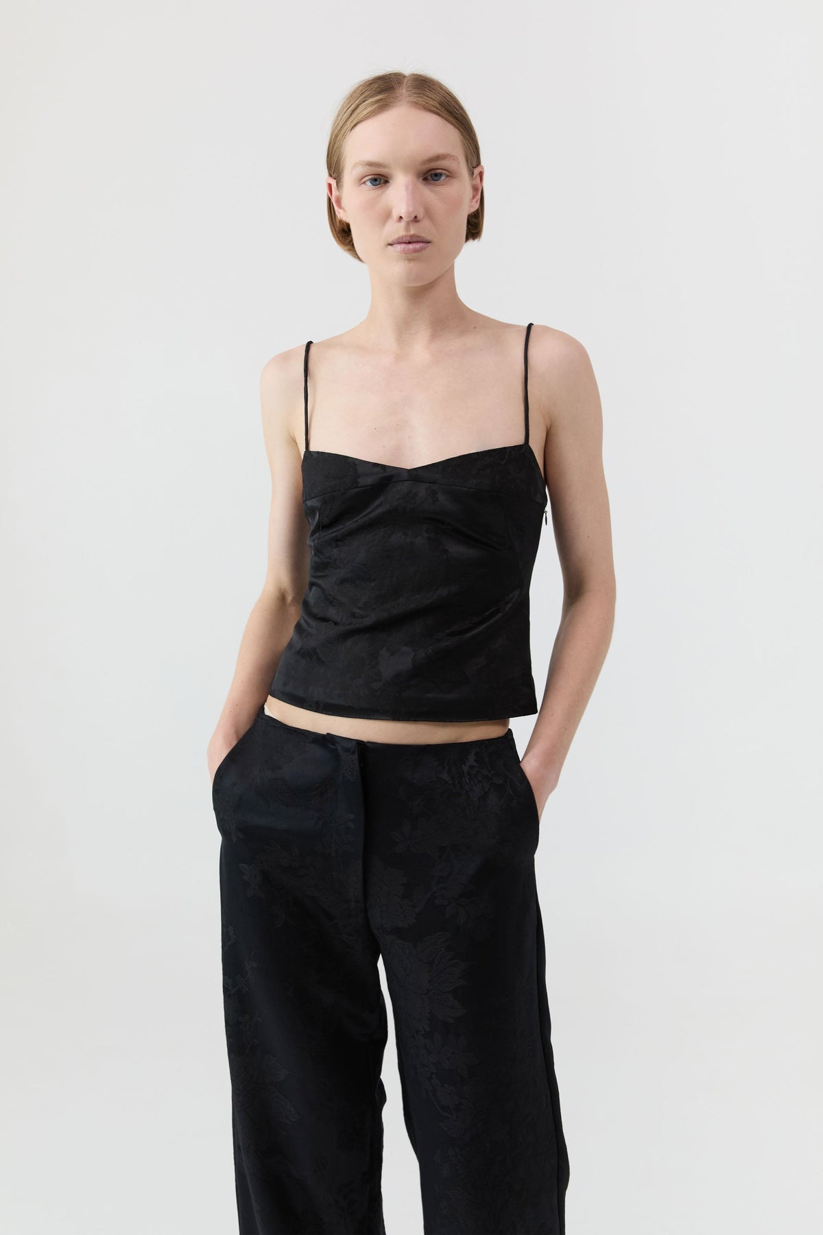 Silk Wool Jacquard Minimal Pants - Black
