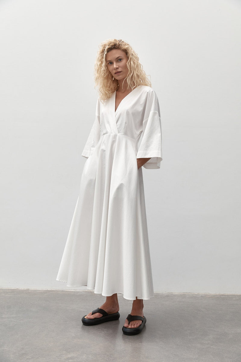 Poplin Kimono Sleeve Dress - White