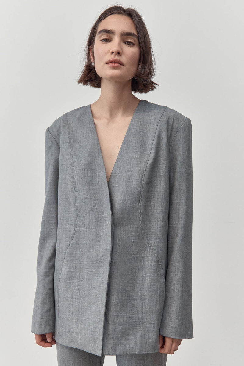Curve Seam Wool Blazer - Grey