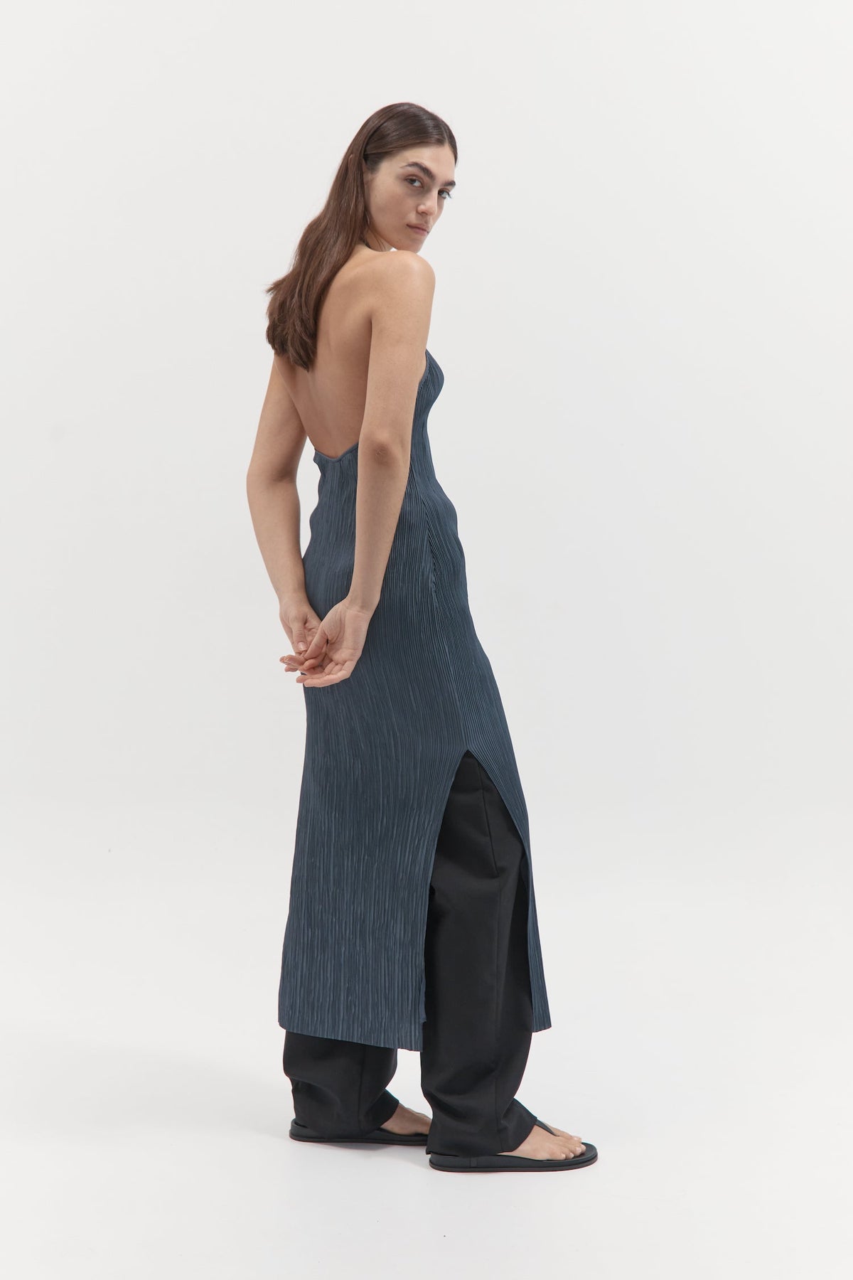 Pleated Halter Dress - Charcoal