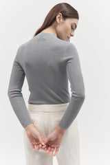 Long Sleeve High Neck Knit Top - Light Grey