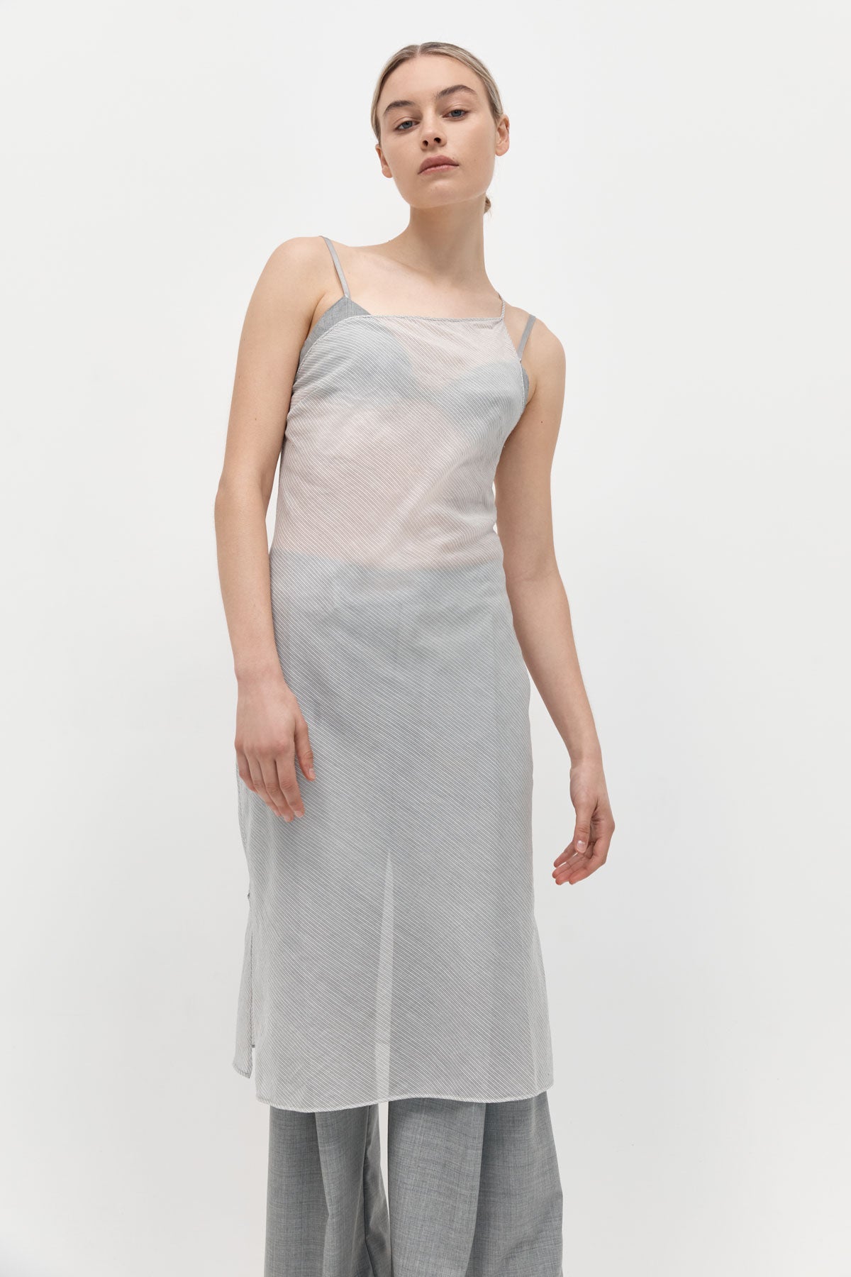 St. Agni Asymmetric Slip Dress Sheer Stripe